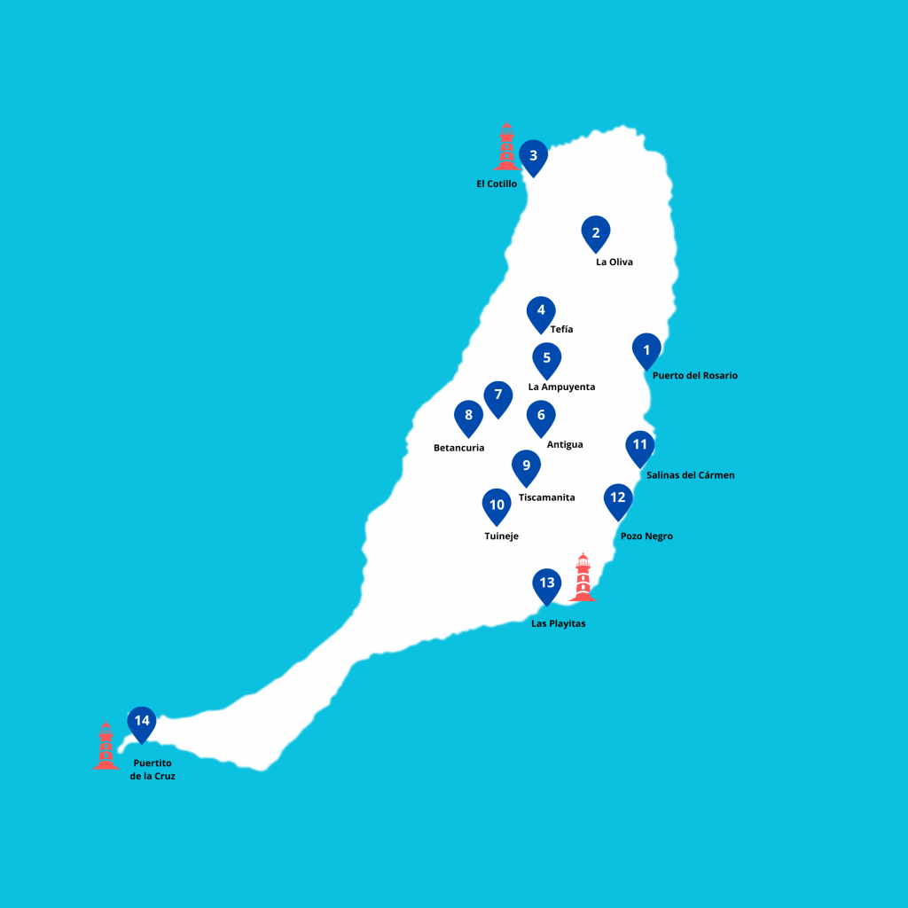 En este mapa podrás localizar los Centros Museísticos de Fuerteventura por órden númerico de Norte a Sur. En total tenemos unos 14 puntos dedicados a la investigación, recopilación y restauración de la hitoria y cultura de Fuerteventura.